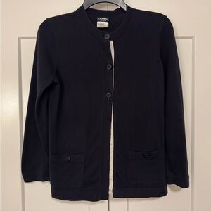 CHANEL Uniform Black Cotton Cardigan with White Accents Medium